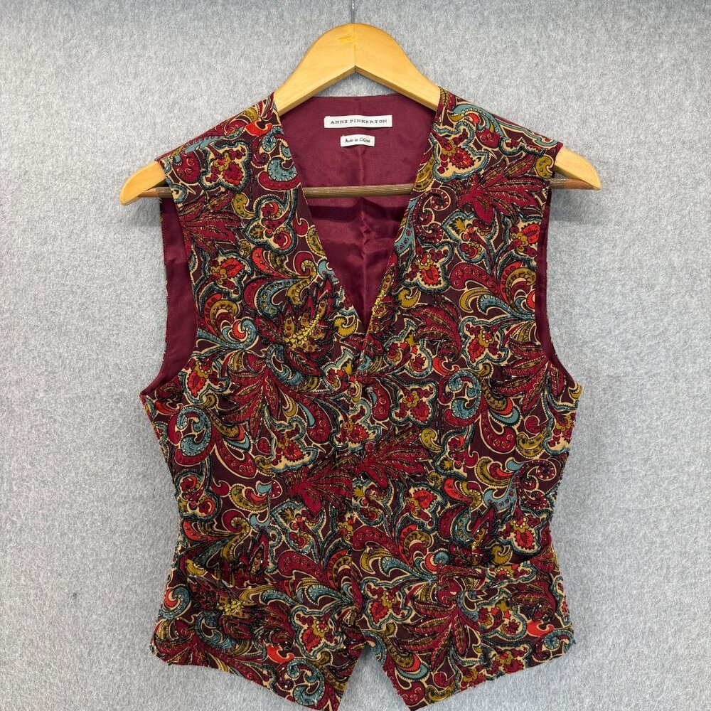 Anne Pinkerton Size‎ P / P Paisley Print Vest Vintage Maroon Blue Green Beaded